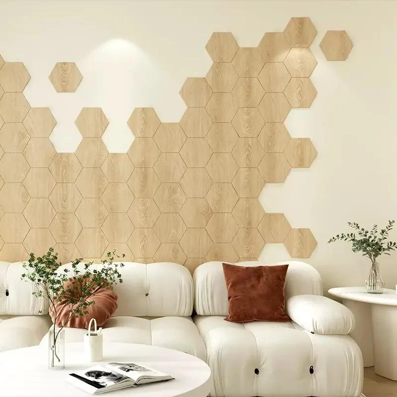 6pcs Hexagonal self-adhesive wallpaper waterproof stickers TV background wall decoration wood grain tile wallpaper