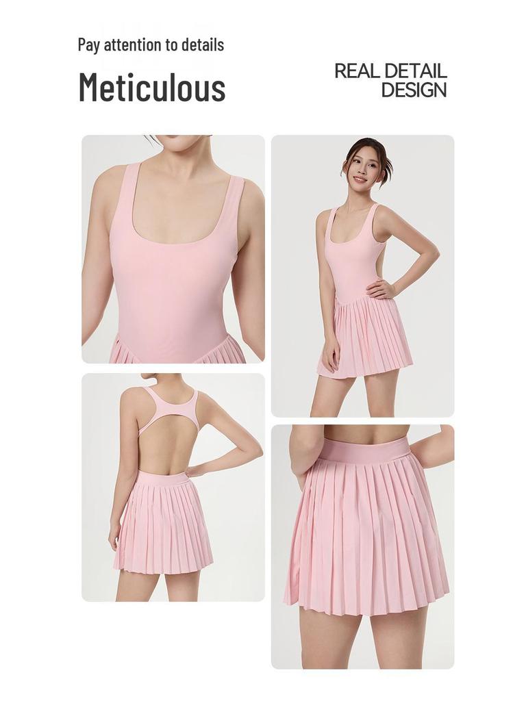 Women's Quick-Dry Pleated Tennis Dress – Backless, Tight-Fit, Anti-Exposure for Training, Running & Fitness.