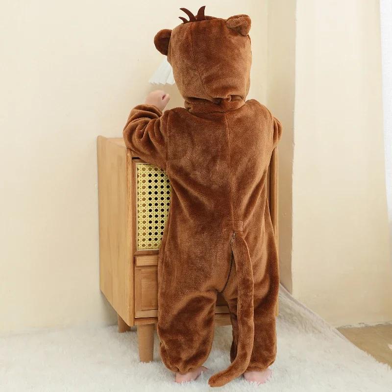 Unisex Monkey Animal Hooded Bodysuit Flannel Winter Pajamas Halloween Girls Boys Role Play Bodysuit