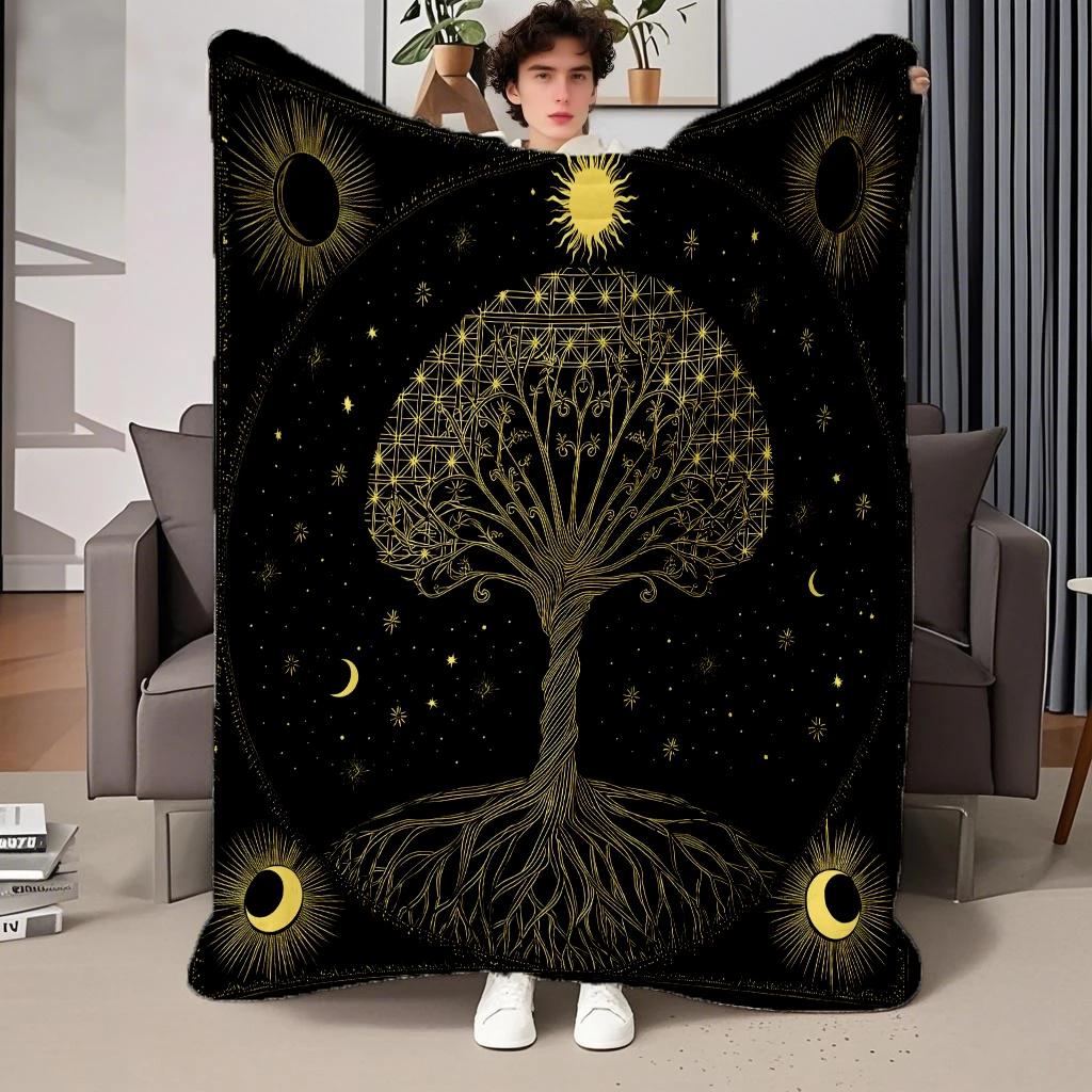 130cm×150cm Flannel Throw Blankets Boho Chic Golden Tree of Life Antique Blankets Lightweight Luxury Blanket,Couch Bed