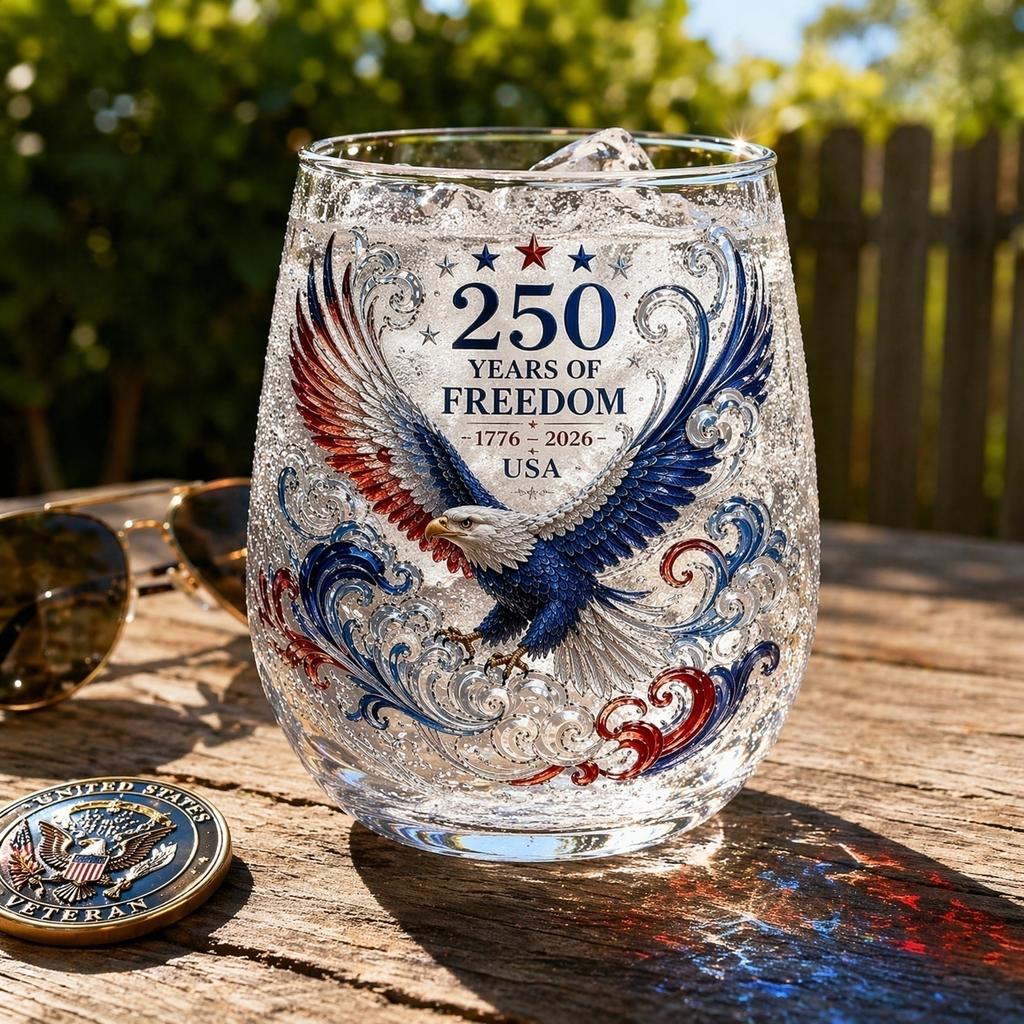 250 Years of Freedom Commemorative Eagle Glass 1776 To 2026 USA Anniversary Collectible Drinkware Stemless Glassware