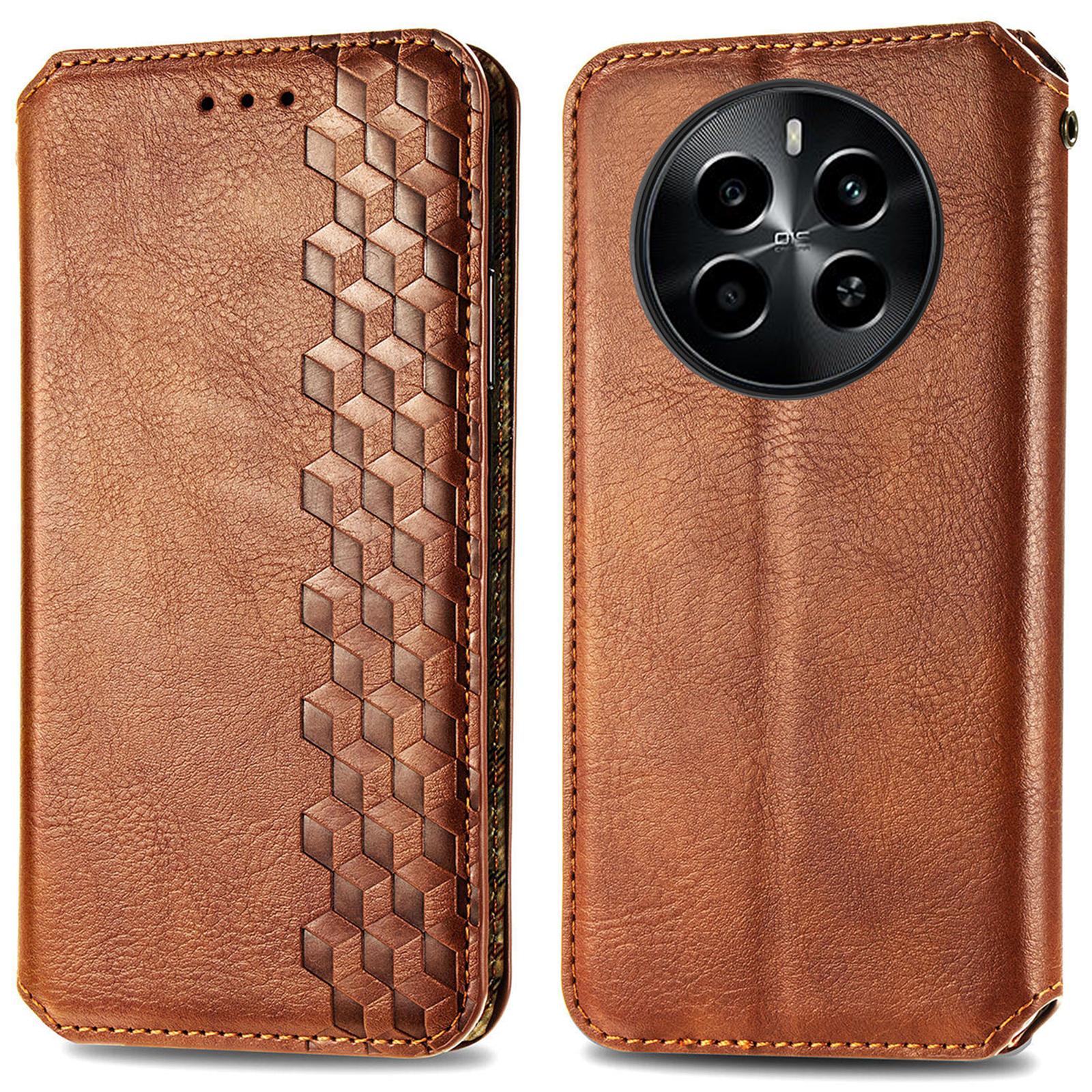 

For Realme 13 4G PU Leather Case Rhombus Imprint Wallet Stand Phone Cover Brown