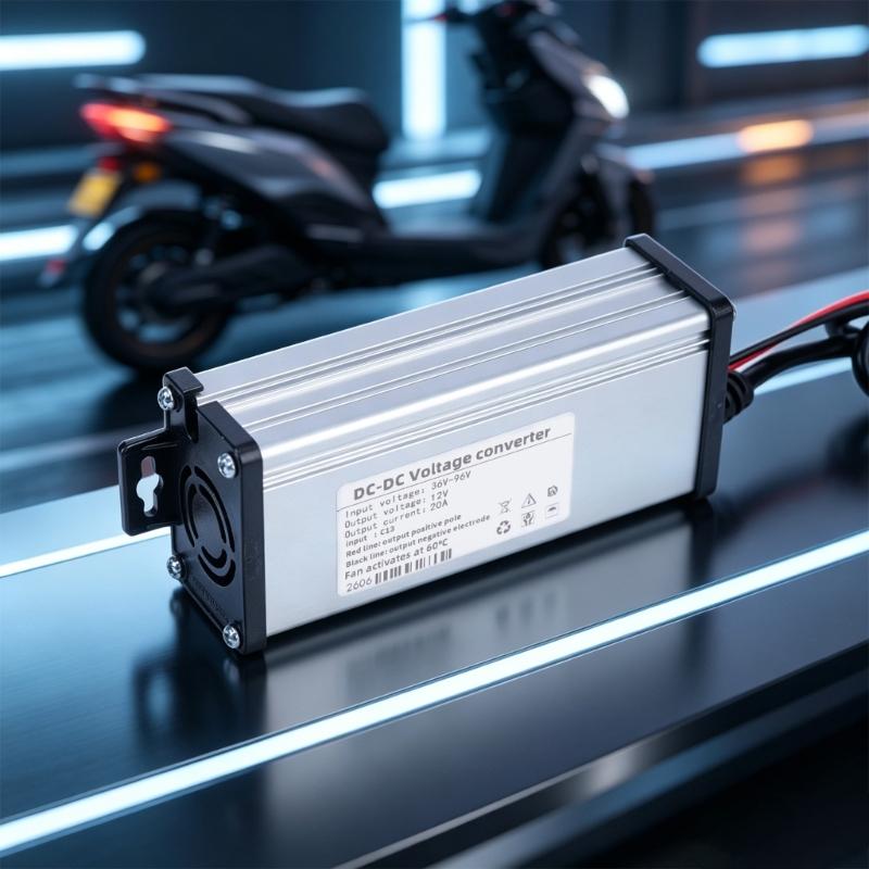 Power Unit 36V to 96V to 12V 20A for Electric Bike and Motorcycle, 3 Pin Input, Wire Output, Fan Cooled Metal Shell for Wiring Use