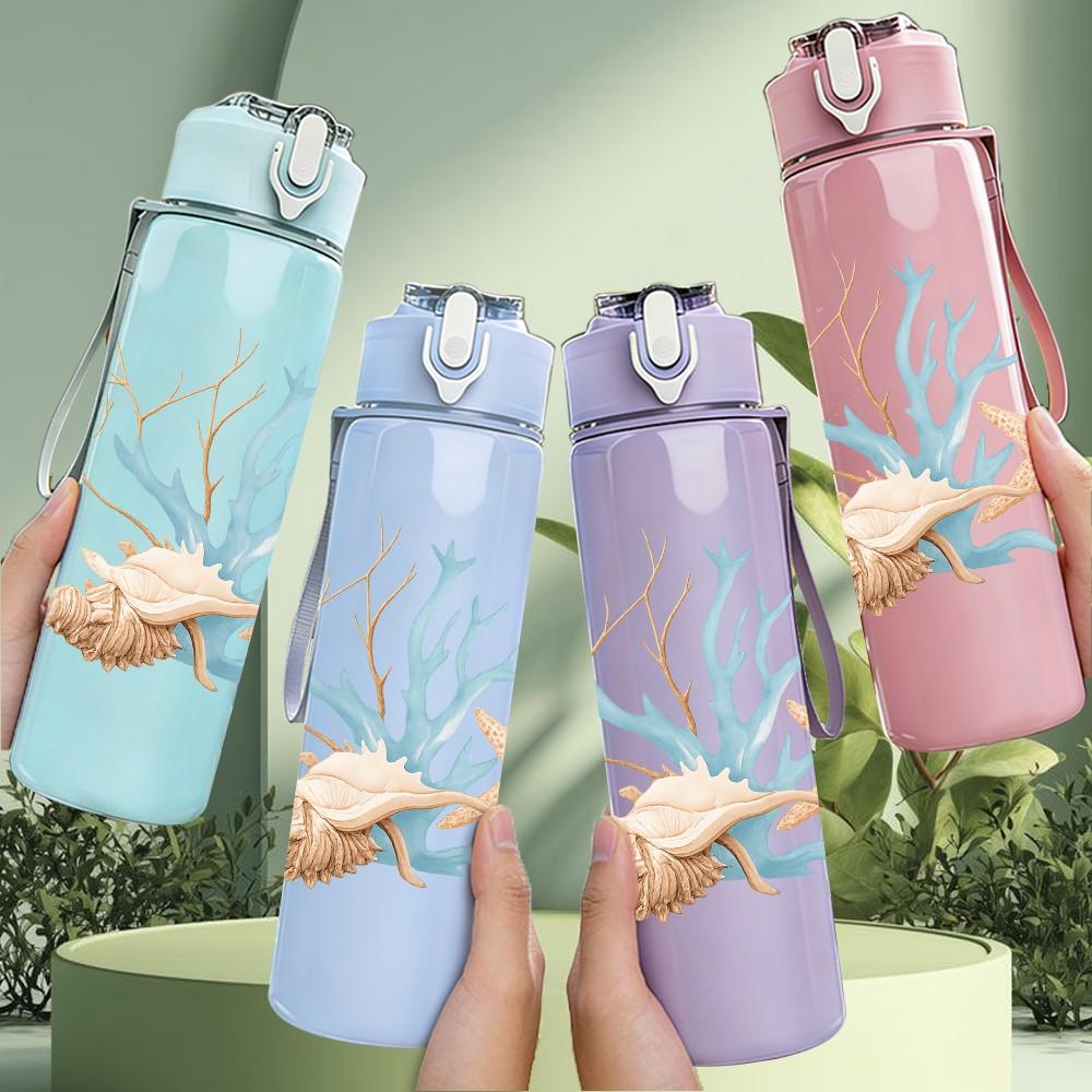 1PC Coral Starfish Ocean Art Print 750ml Color Plastic Sports Water Bottle Leakproof Flip Straw Lid Suitable for Sports Office Home Use