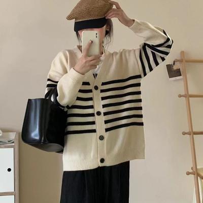 Knitted Striped Cardigan Sweater for Women Korean 2023 Autumn/winter Versatile Design Sense Cardigan Sweater Jacket for Women