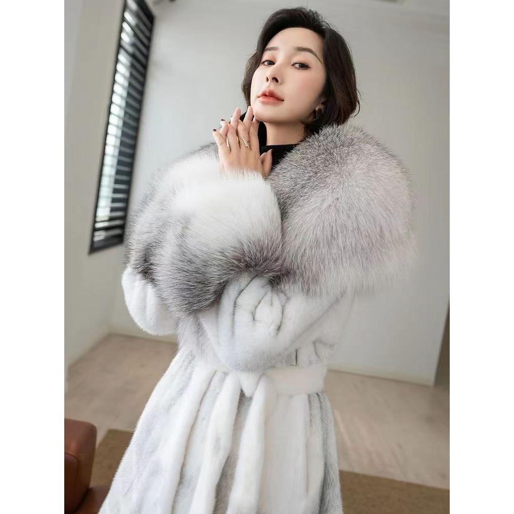 Norkový kabát Nový Kožešinový Kabát Celebrity Liščí Kožešina Límec Dlouhý Imitace Kůže Norkový Kabát