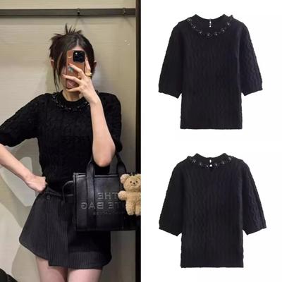 Black Jumpers for Women Pearls Sweater Stretch Casual Top Autumn 2024 New Short Sleeve Fashion Female Knitted Pullovers