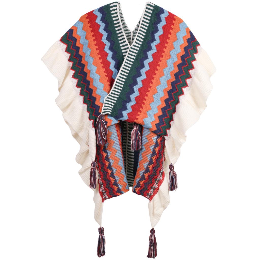 Flowers Embroidered Rainbow Knitted Shawl Spliced Ruffles Sweater Coat Irregular Gauze Ruched Scarf Cape Cardigan Poncho