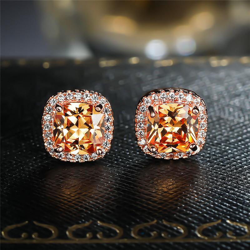 1 pereche de cercei tip prințesă de lux tăiat prințesă de culoare aur roz șampanie piatră cercei cu șuruburi cercei cu patru gheare bijuterii