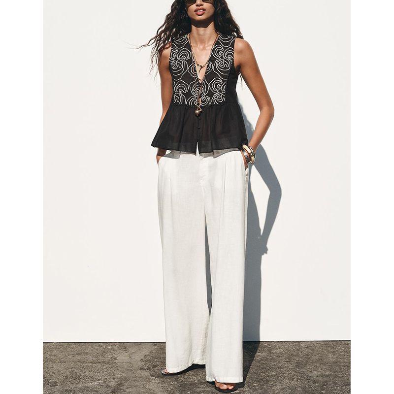 Summer New Product Women's Clothes Minimalist Easiest for Match Seaside Vacation Style Lace Embroidered V-neck Sleeveless Shirt 3666075