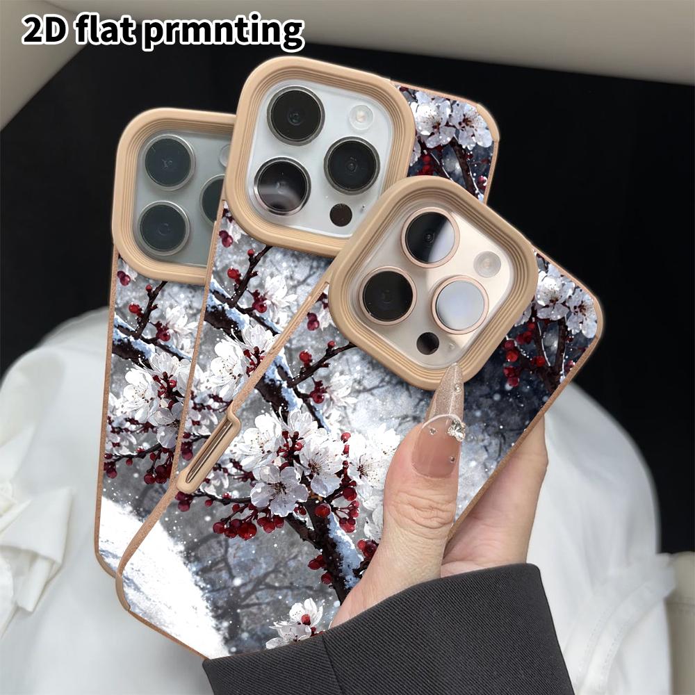 Phone Case: 2D Flat Lambskin Suitable for iPhone 18, 17, 16, 15, 14, 13 Pro Film Protective Case, Snow and Cold Plum, Christmas and Halloween Gift