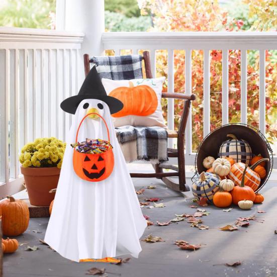 Ghost Goose Outfit Halloween Porch Goose Clothes with Witch Hat And Pumpkin Bucket for 23" Goose Statue Outdoor Patio Yard Lawn Decoration