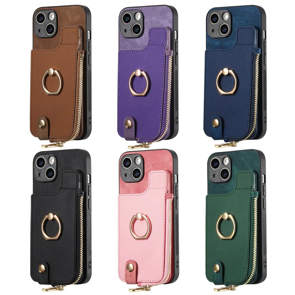 Vertical Cards Slot Ring Holder Zipper Wallet Case For iPhone 15 Pro Max 14 Plus 13 12 11 XS X XR 7 8 SE 2022 Bag Pocket Cover