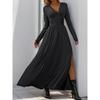 VEZFAA Women's Fashion Spring Fall Solid Color Print Long Sleeve V-Neck High Waist Casual Dresses