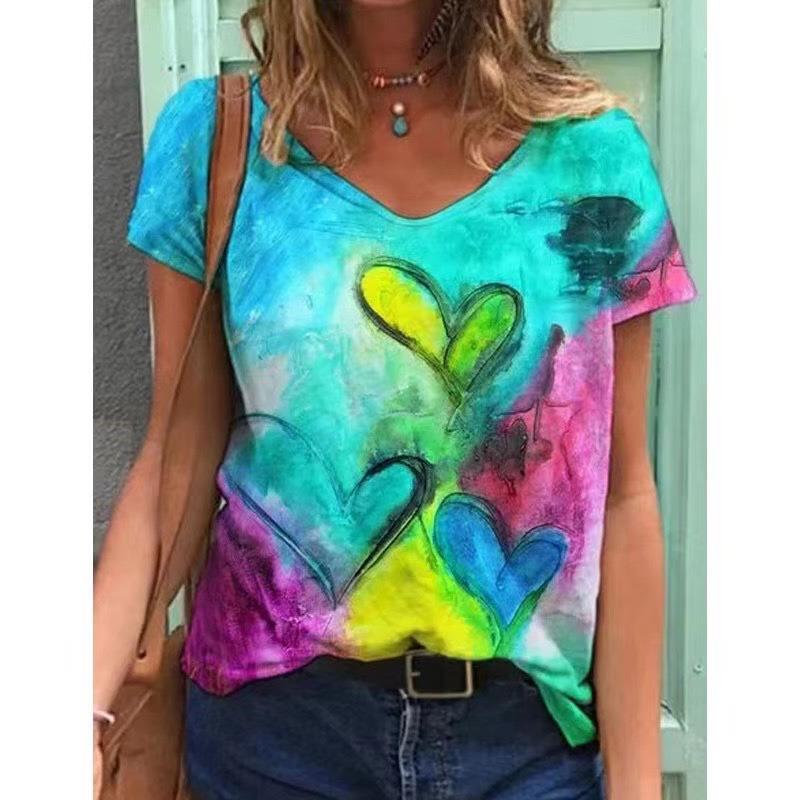 Spring Summer Trendy Women's Clothing 3D Digital Printing Sexy V-neck Women's T-shirt Top Casual Shirt