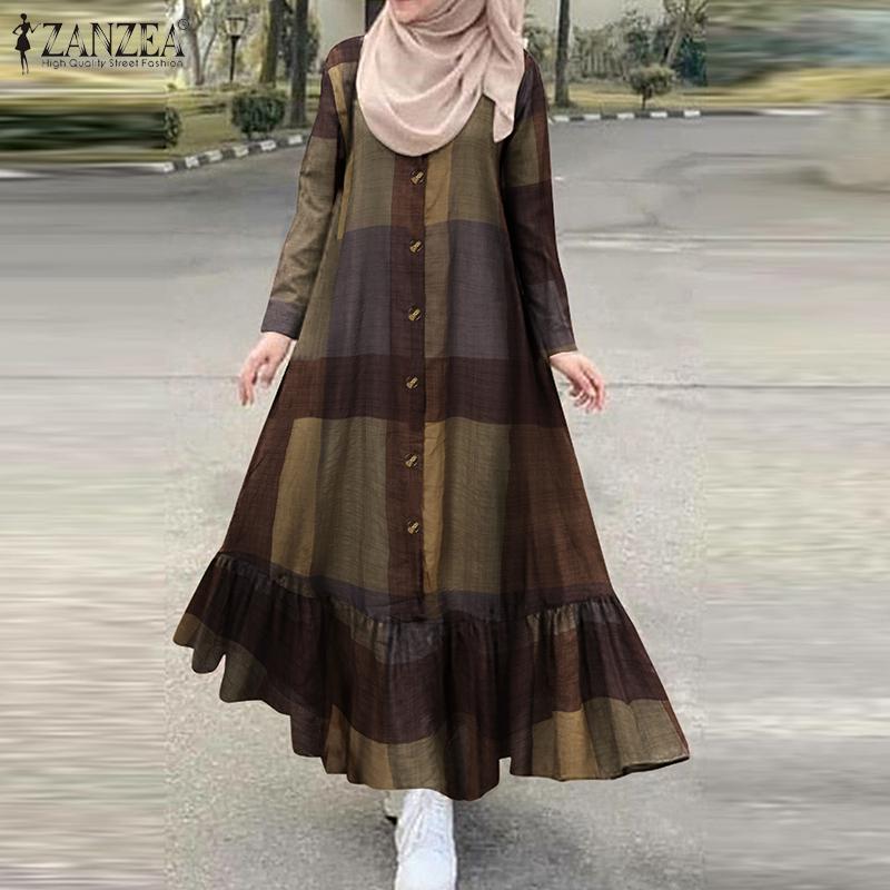 

ZANZEA Женщины с длинным рукавом Винтаж Клетчатый печатный качели Длинное повседневное платье