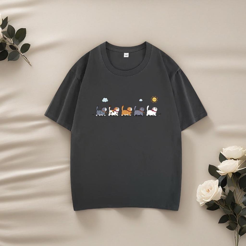 220g Barns Kammad Bomull Tecknad T-shirt – Trendig Kortärmad för Pojkar & Flickor