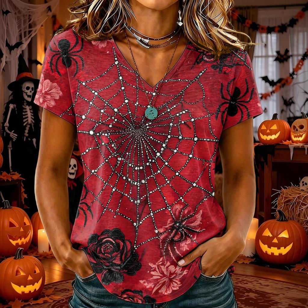 T-shirt d'Halloween pour femme à col en V et manches courtes, Haut décontracté élégant et confortable