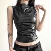 # Sisjuly# Punk Street Stylish Glossy PU Leather Half Turtleneck Wild Vest Women's Slim Looking Sleeveless Tops