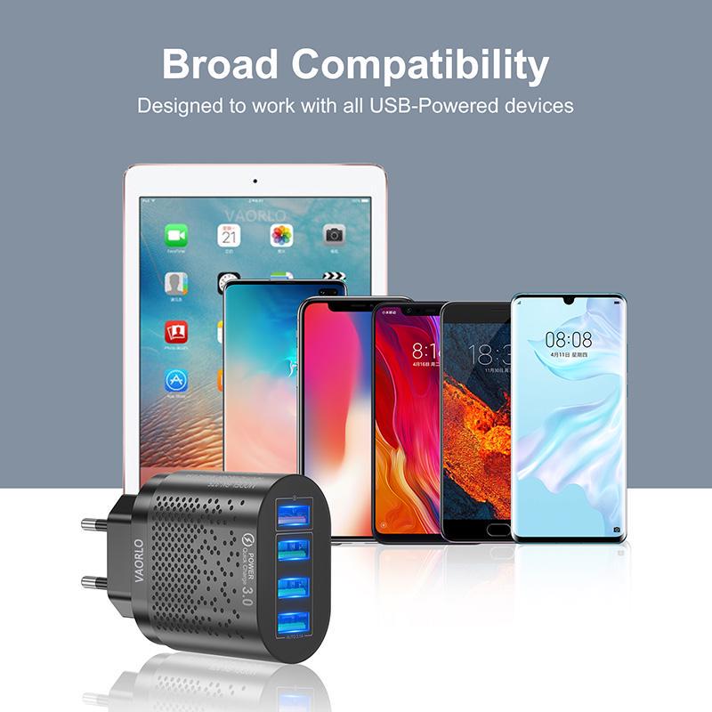 VAORLO 3A Charging Port Fast Charger 4 USB Port LED Light Quickly Charge EU US Plug 48W Charging