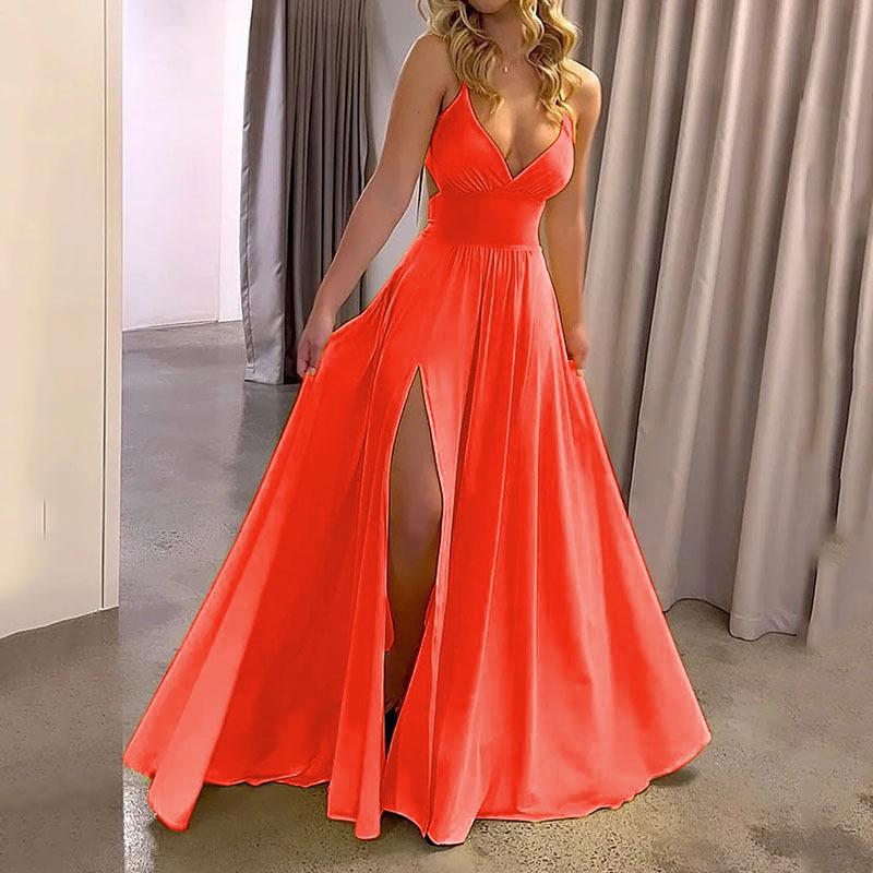 Women'S Halter Deep V Neck Maxi Dress Backless High Slit Long Cocktail Party Dress Sexy Sleeveless Evening Gown