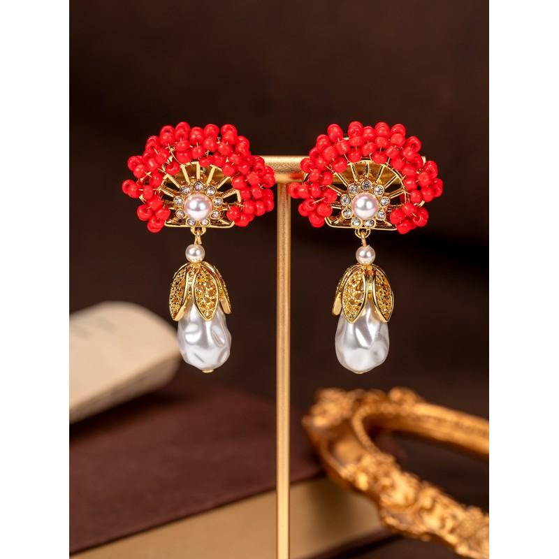 Vintage Rice Bead Beads Water Drop Pearl Earrings Retro Style Light Luxury Charm Women красный