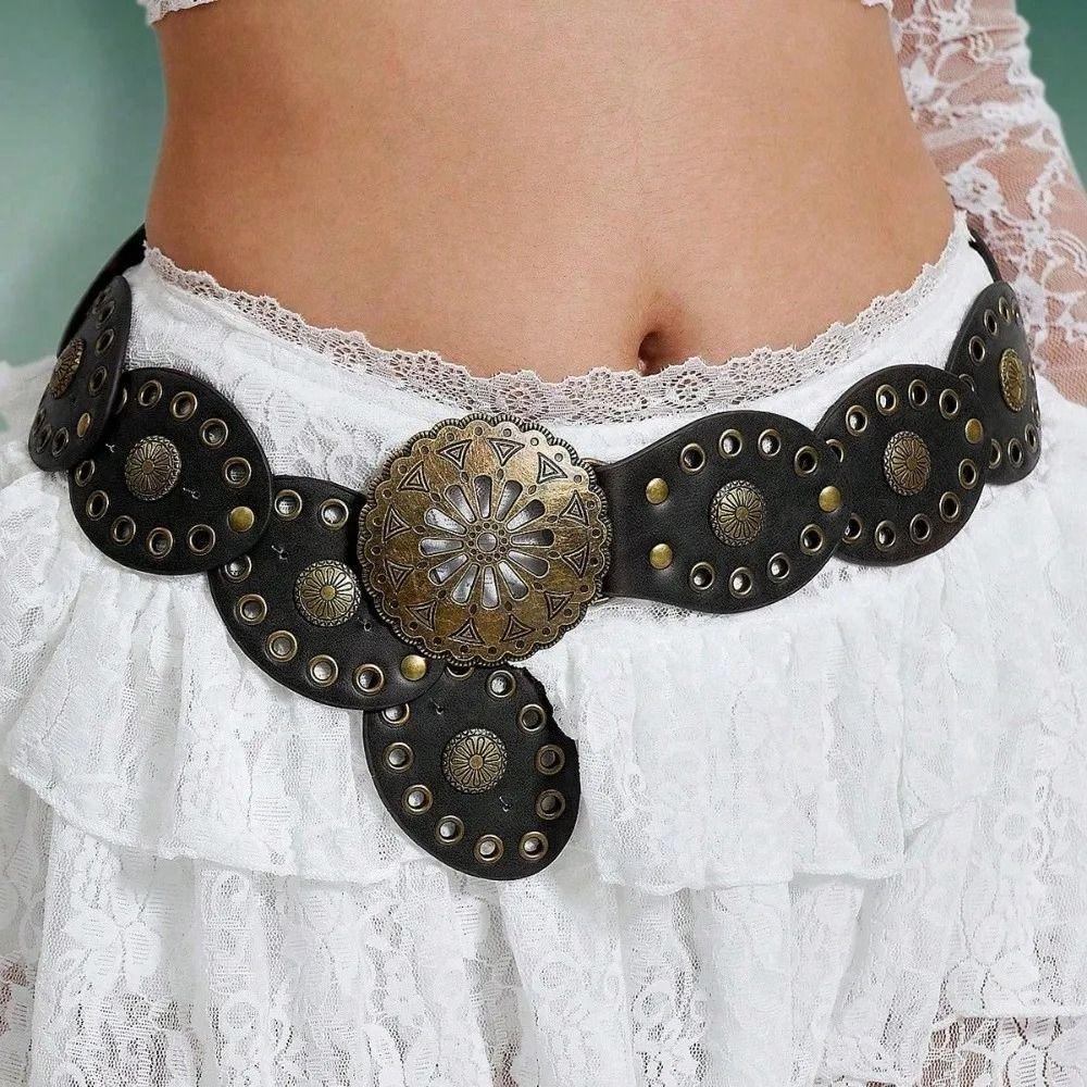 Round Hollow Out Belts Metal Ethnic Style Waistband Western Style Cowboy Belts  Waist Accessories