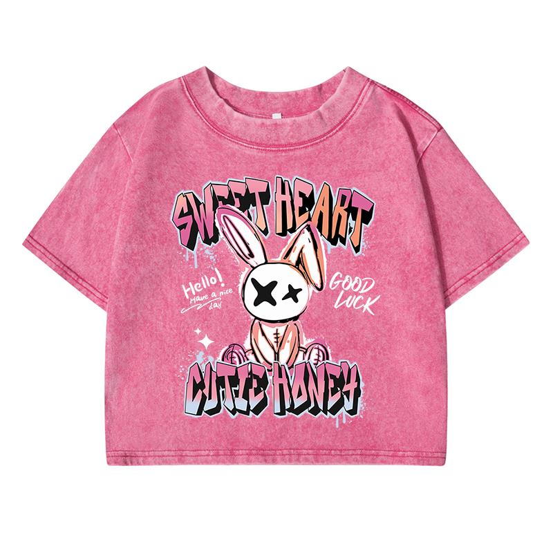 Sweet Heart Rabbit Cartoon Printing Female Washed Short T-Shirt Summer Cool T Shirts Distress Midriff-Baring Clothes