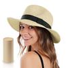 Womens Wide Brim Paper Straw Hat Beach Vacation Sun Protection Foldable Panama Style
