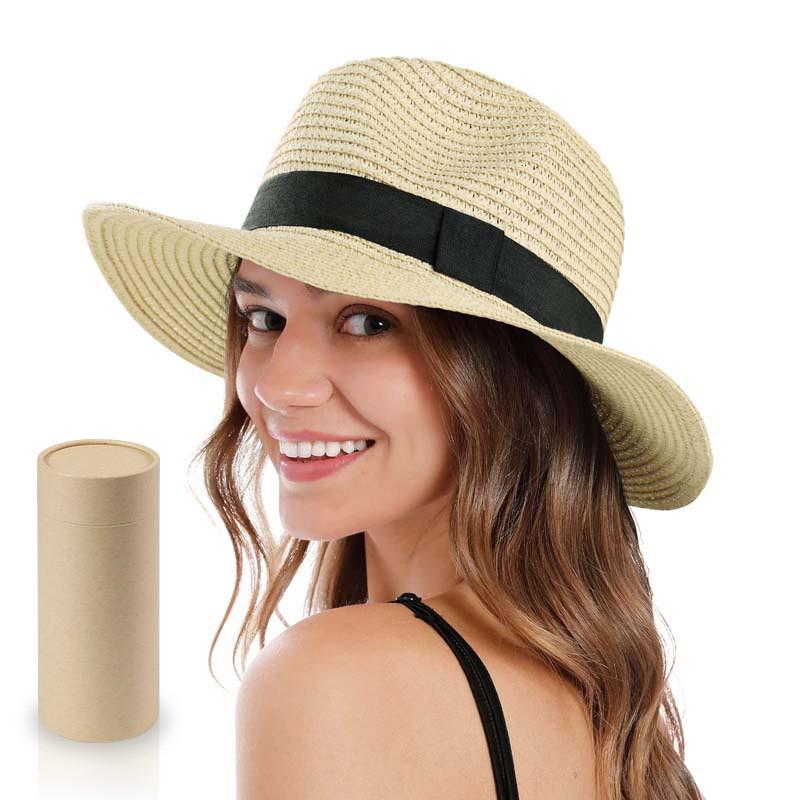 Womens Wide Brim Paper Straw Hat Beach Vacation Sun Protection Foldable Panama Style