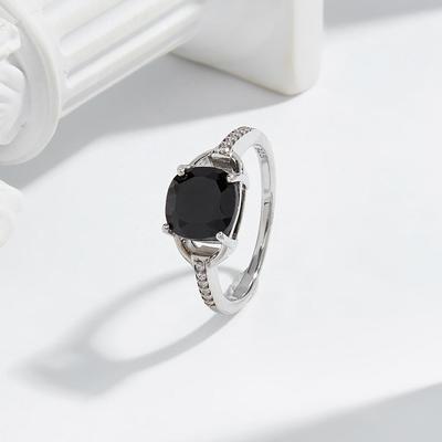 Stunning Silver Ring for Women Natural Big Black Spinel Cushion 8mm August Birthstone Classic Jewelry Wedding Dating Gift
