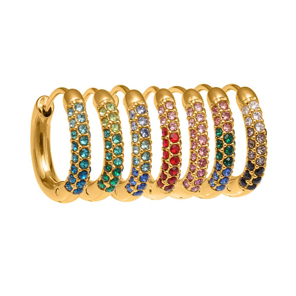 Qiong Yao 18k Gold Plated Stainless Steel Colorful Diamond Small Hoop Clip-on Earrings