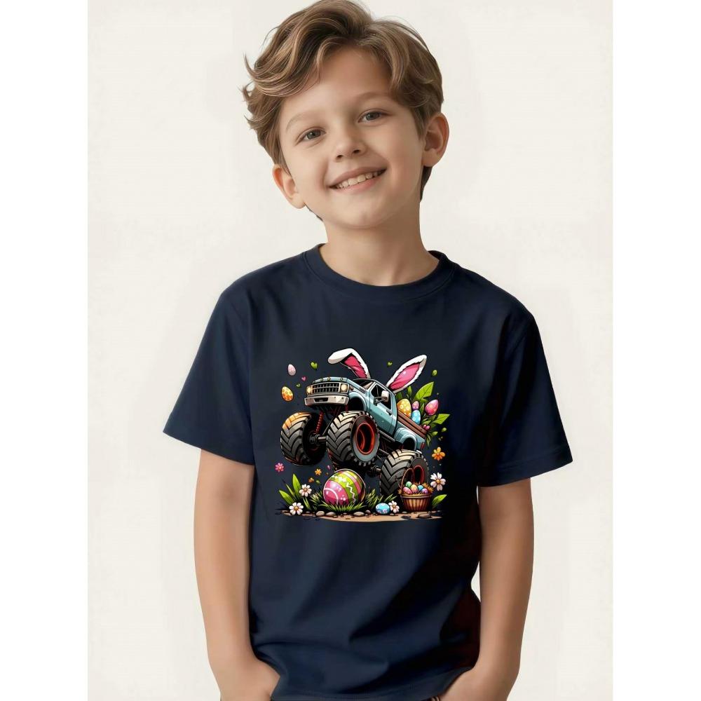 Children's T-shirt Bunny Ears Big Wheel Easter Egg Flower Print Boys Festival Short Sleeve
