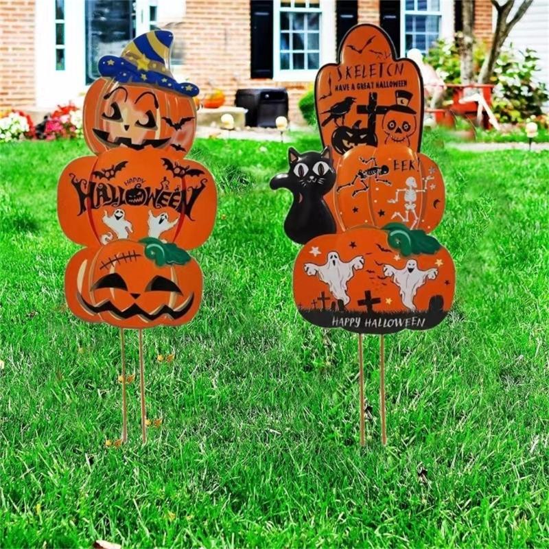 Halloween Pumpkin Metal Stakes Spooky Garden Yard Signs Outdoor Party Decoration for Haunted House Party Lawn Decoration