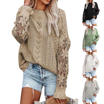 Womens Lace Crochet Hollow Out Sweaters Solid Color Crewneck Long Sleeve Cable Knit Pullover Sweaters Tops