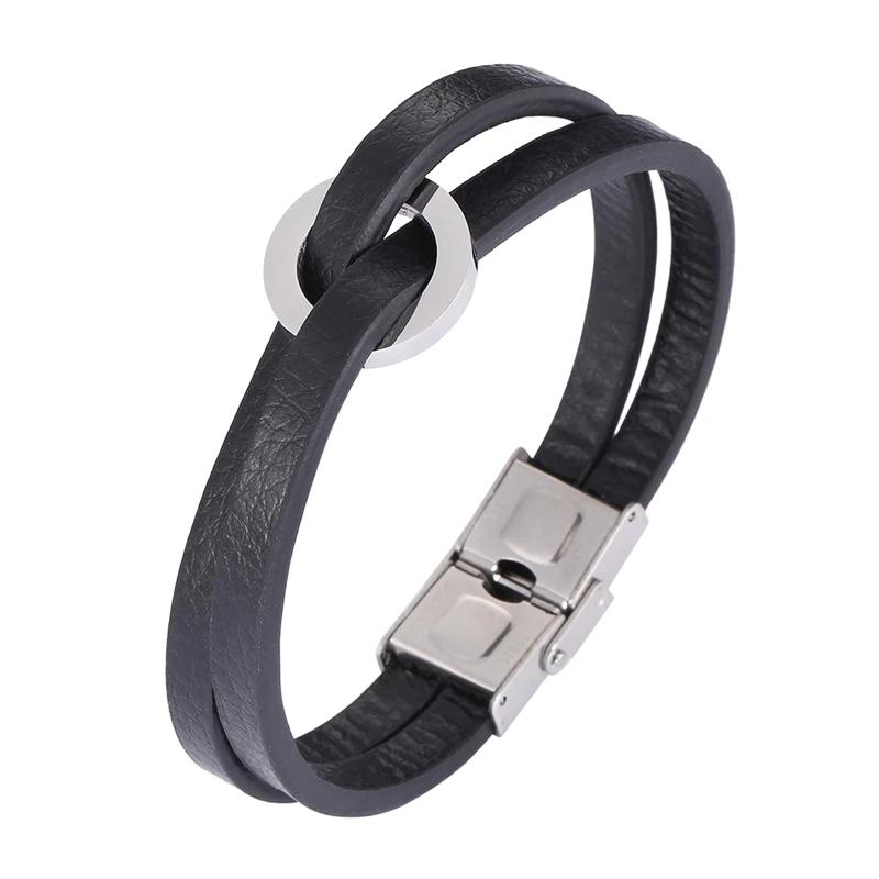 Fashion Double Layer Leather Hand Bracelet for Men Women Charm Stainless Steel Bangles Couples Jewelry Wristband Gift
