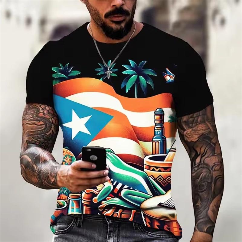 Summer Round Neck Puerto Rico Flag Pattern 3D Print Top Fashionable Casual Short Sleeved Men's T-shirts