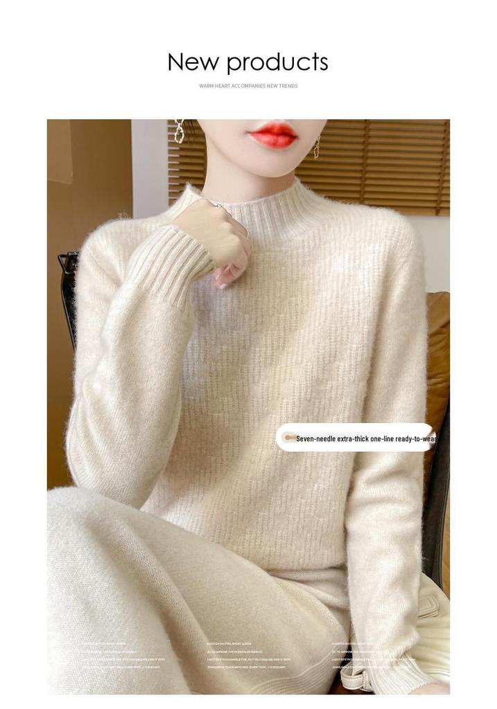 Women's Pure Wool Thickened Half-High Collar Sweater - Loose, Slimming Long Sleeve Warm Pullover