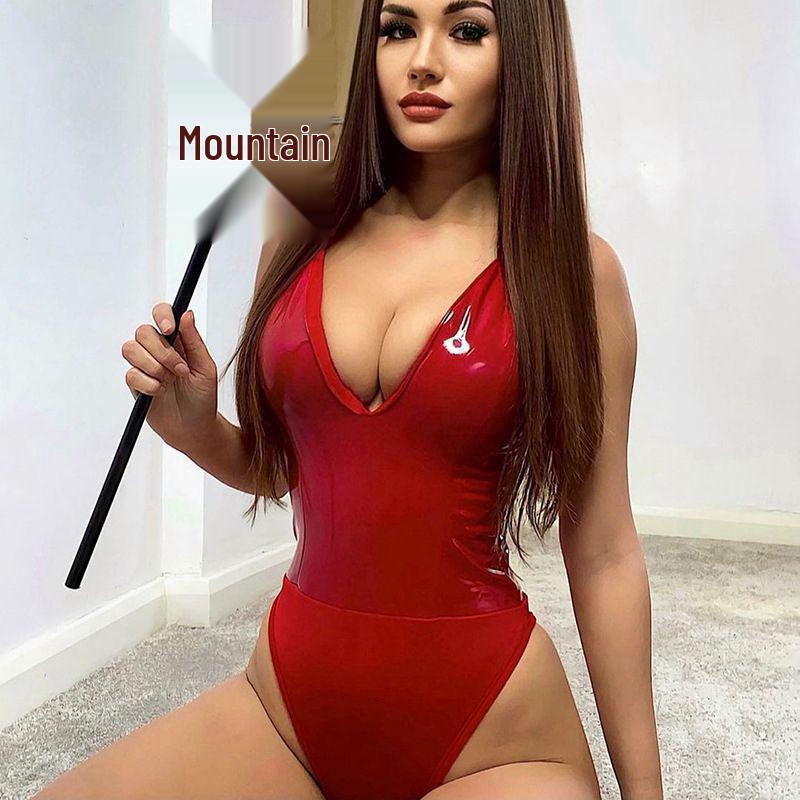 

Літній комбінезон 2023 з глибоким V-подібним вирізом на спині та блискавкою, з PU вставками - Жіноча європейська та американська мода Extra Large червоний