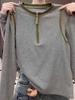 Women's Korean Style Color Block Half-Zip Long-Sleeve T-Shirt - Autumn/Winter New Design with Round Neck