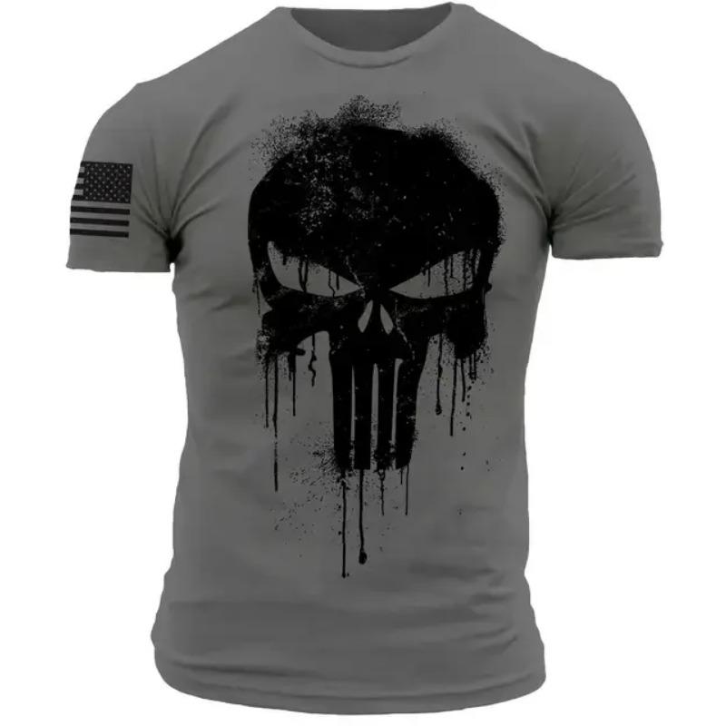 Summer Vintage Men's T Shirt Militar Skull Print Tees Casual Short Sleeve Pullover Oversized Man Clothing Outdoor O Neck T-Shirt