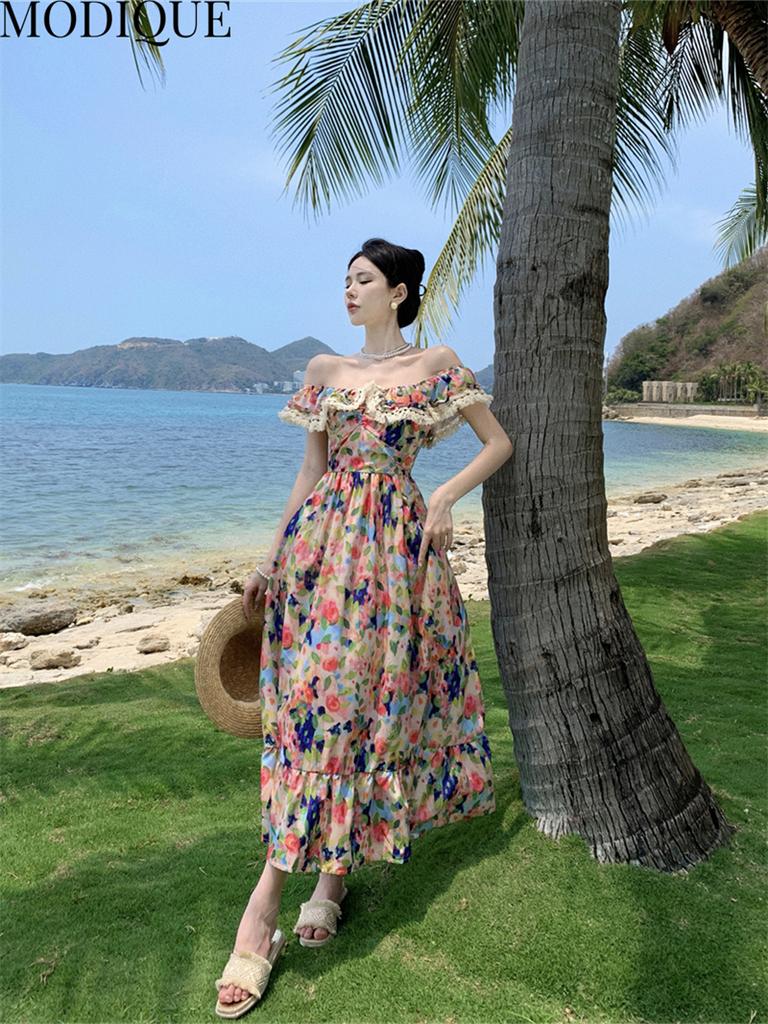MODIQUE Sommar Kvinnor Elegant Färgglatt färgtryck Casual Beach Chiffong Girly Långa Klänningar Holiday Lady Fairycore Sweet Atmosphere Klänningar