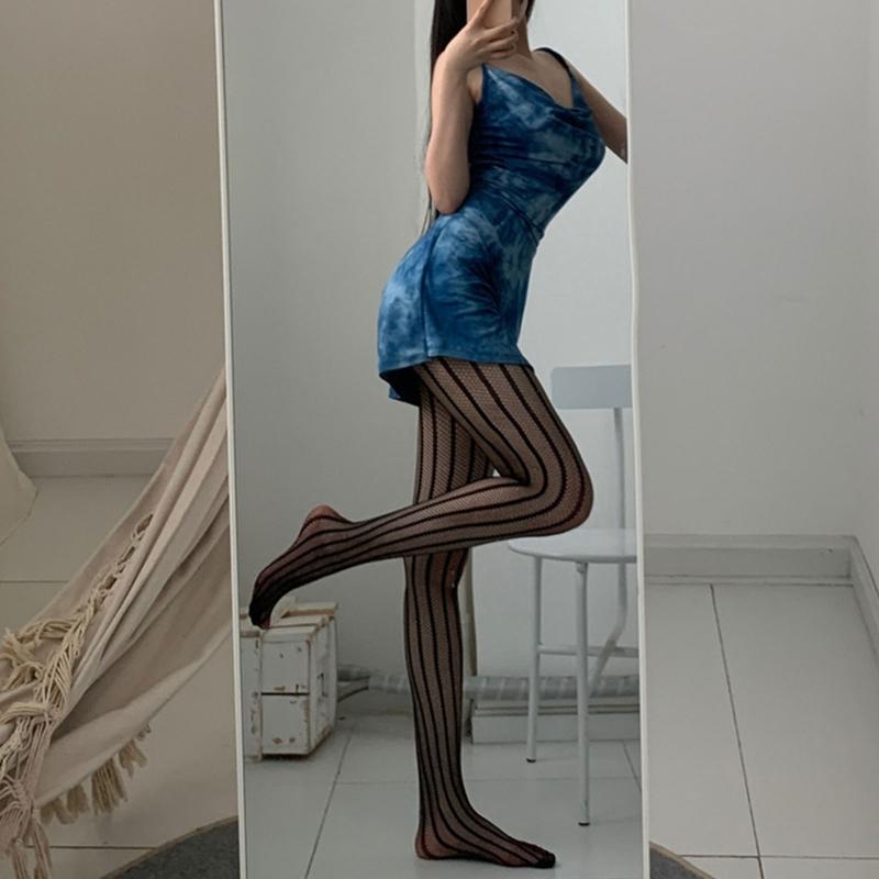 Vertical Striped Jacquard Tights Women Black See Through Mesh Pantyhose Clubwear
