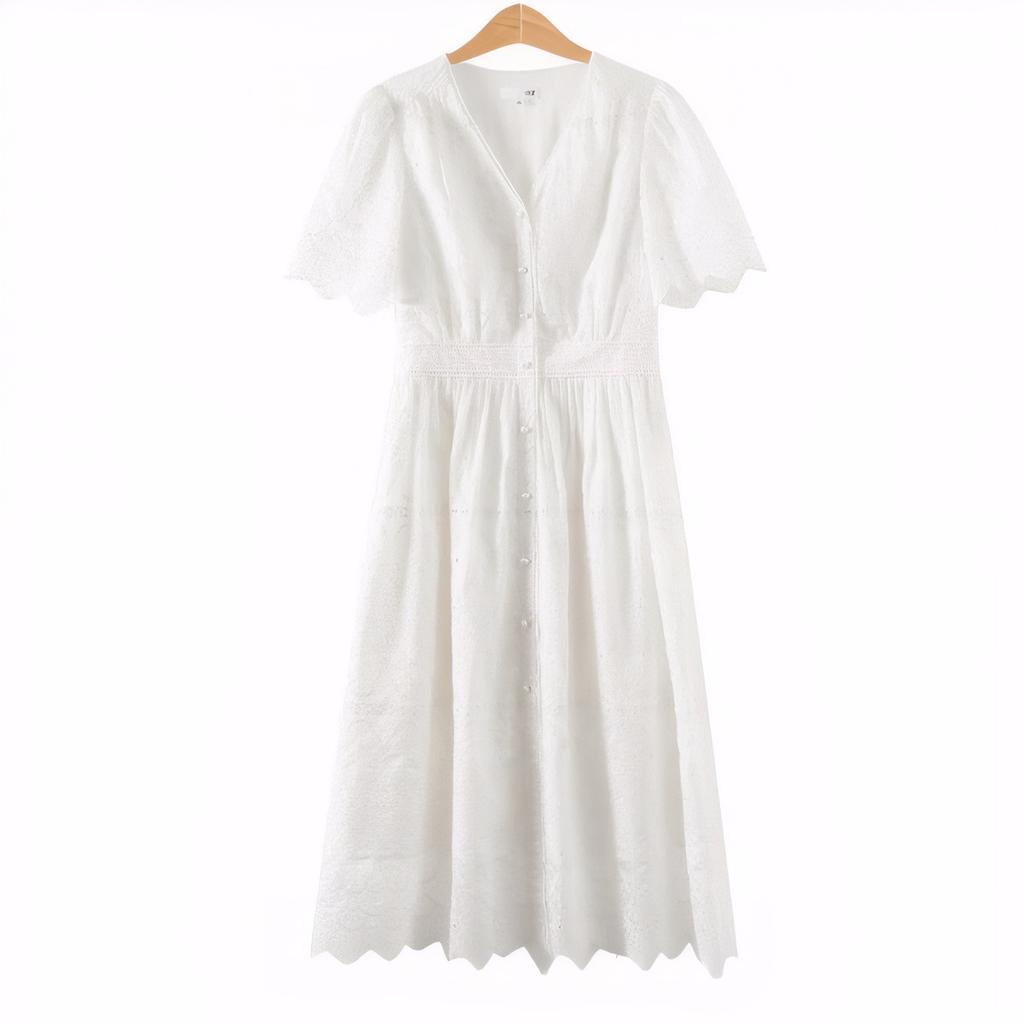 Hollow Embroidered V-neck Mid-length Dress for Women In Summer Latest Literary Style Waist-hugging and Slim White Skirt