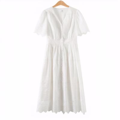Hollow Embroidered V-neck Mid-length Dress for Women In Summer New Literary Style Waist-hugging and Slim White Skirt