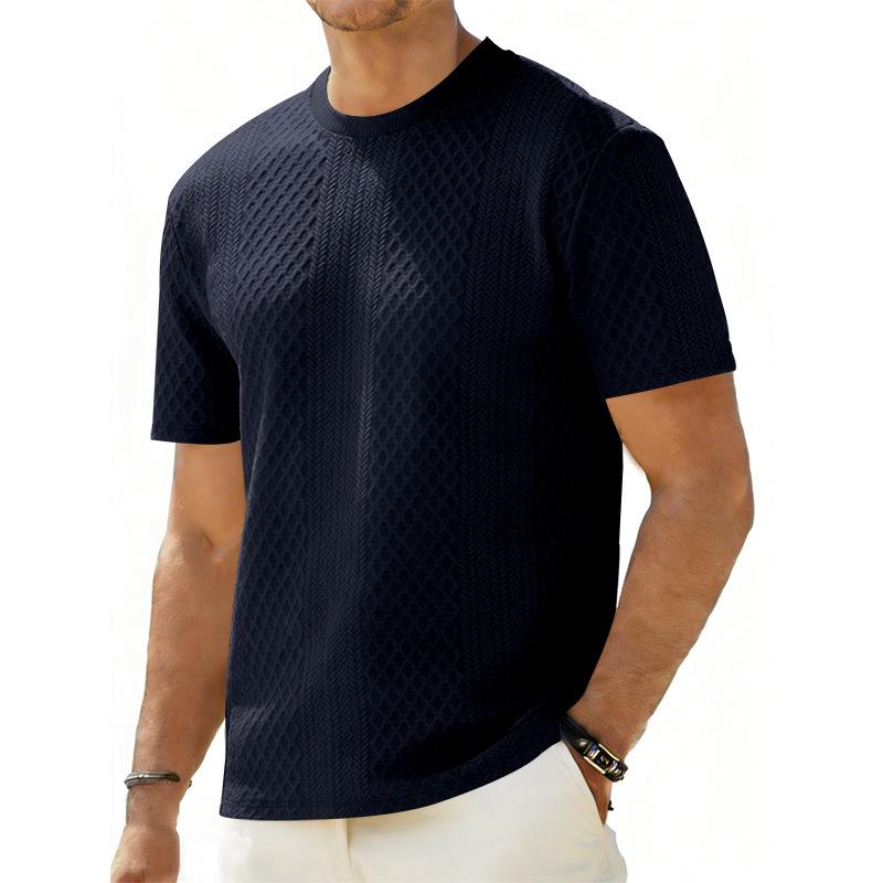 Tiktok Summer Men S Jacquard Texture T-Shirt Casual Loose Solid Color Round Neck Short Sleeve S тёмно-синий