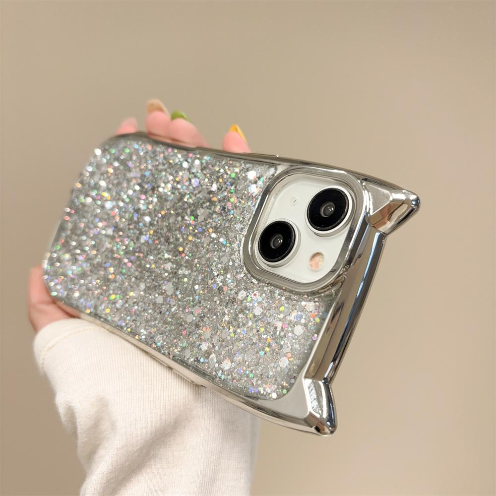 

Роскошный блестящий чехол для телефона с пайетками Aurora для iPhone 15 14 13 12 11 Pro Max 3D кошачьи уши блестящий бампер милый противоударный чехол For iPhone 14 серебряный