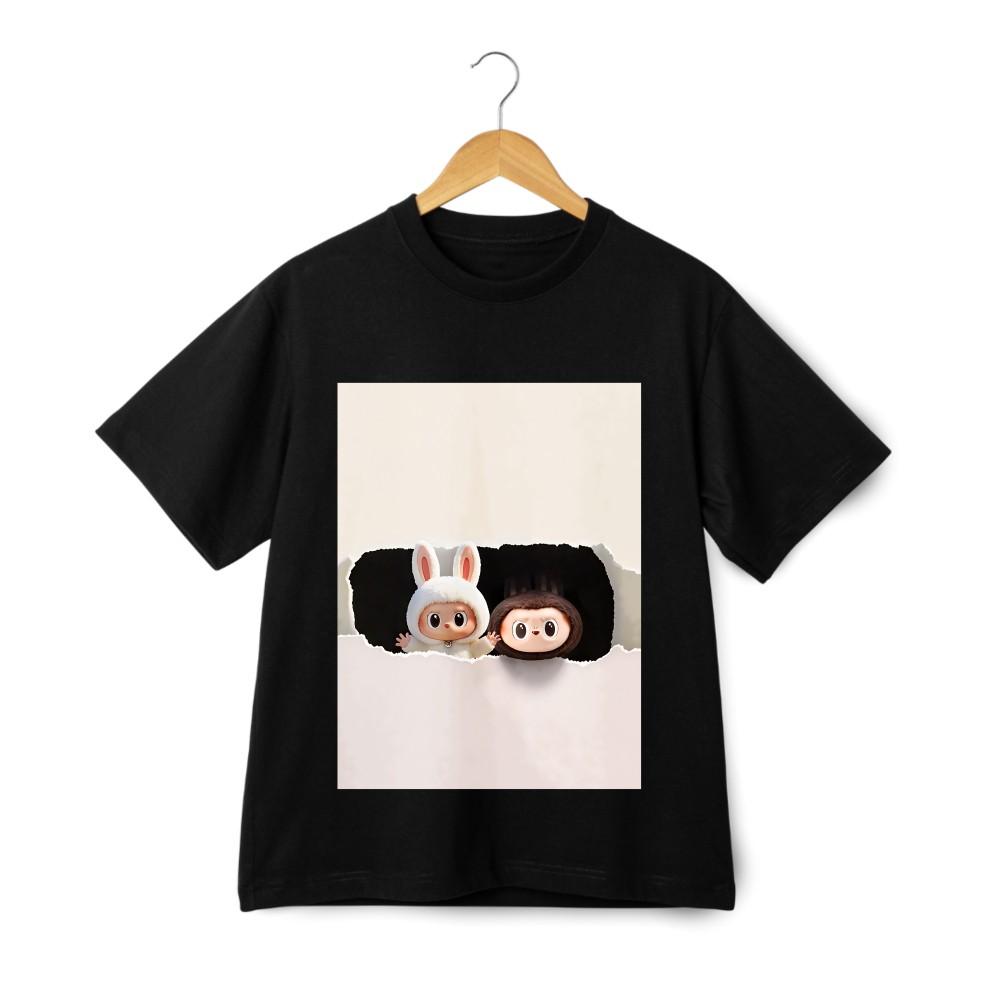 

Cute Peeking Out Cartoon Printed T - Shirt, Available in Black/White L