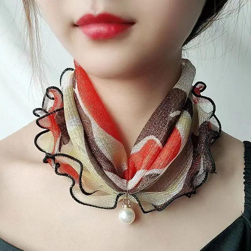 Neck Collar Print Shiny Variety Loop Scarf Ruffle Lace Scarf Pearl Pendant Organza Chiffon Scarves Bandana Headband