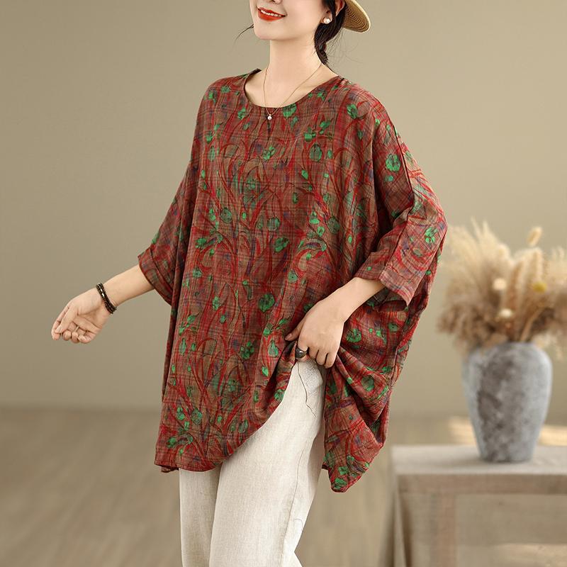 Dimanaf 2025 Summer T-Shirt Plus Size Women Flower Printing Batwing Sleeve Loose Tops Casual
